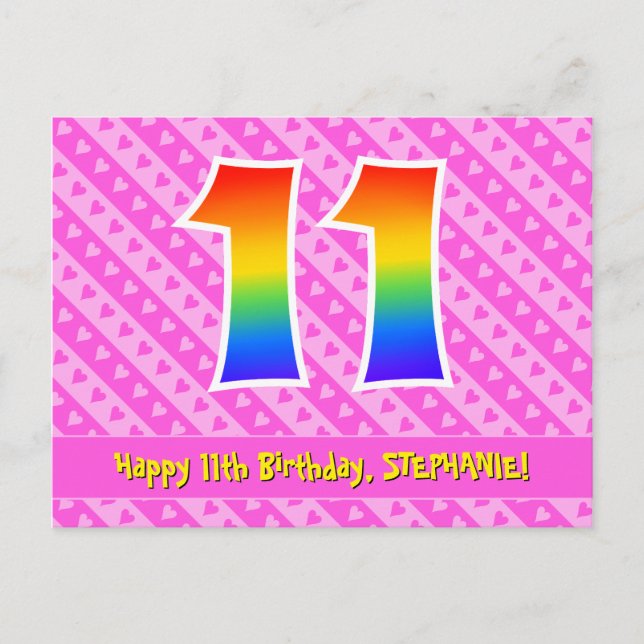Carte Postale 11e anniversaire : Rayures roses et cœurs, Arc-en- (Devant)