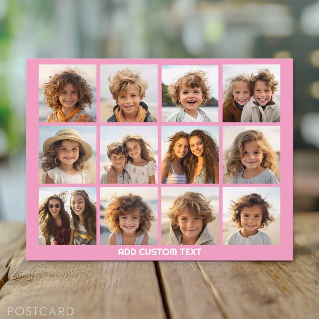 Carte Postale 12 Collage photo avec Arrière - plan rose (Custom Personalized Photo Collage Postcard)
