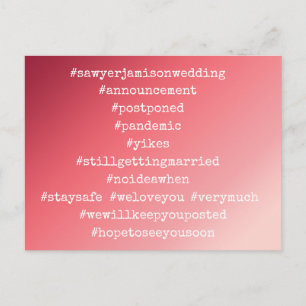 Carte Postale 12 Hashtags reportés Mariage rouge et rose Ombre