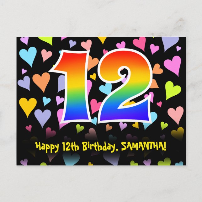 Carte Postale 12e anniversaire : motif coeurs amusants, arc-en-c (Devant)