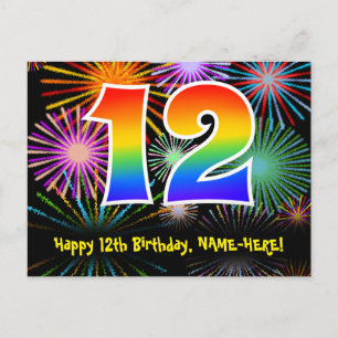 Carte Postale 12e anniversaire – Motif de feux d'artifice amusan