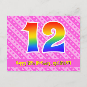 Carte Postale 12e anniversaire : Pink Stripes & Hearts, Rainbow 