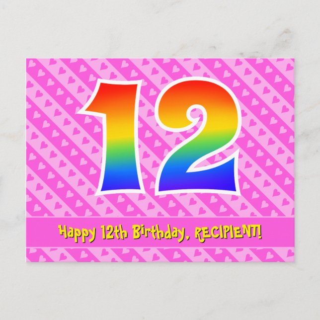 Carte Postale 12e anniversaire : Rayures roses et cœurs, Arc-en- (Devant)