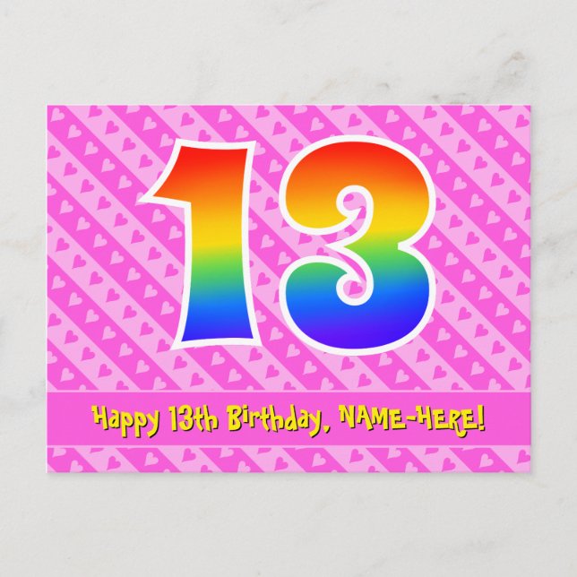 Carte Postale 13e anniversaire: bandes roses et coeurs, arc-en-c (Devant)