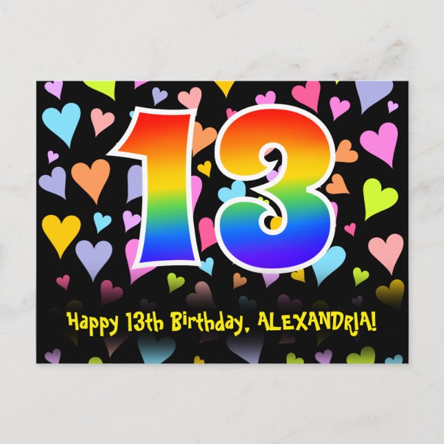 Carte Postale 13e anniversaire : motif de cœurs amusants, arc-en (Devant)