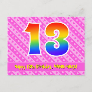 Carte Postale 13e anniversaire : Pink Stripes & Hearts, Rainbow 