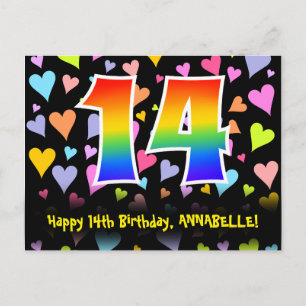 Carte Postale 14e anniversaire : motif de cœurs amusants, arc-en
