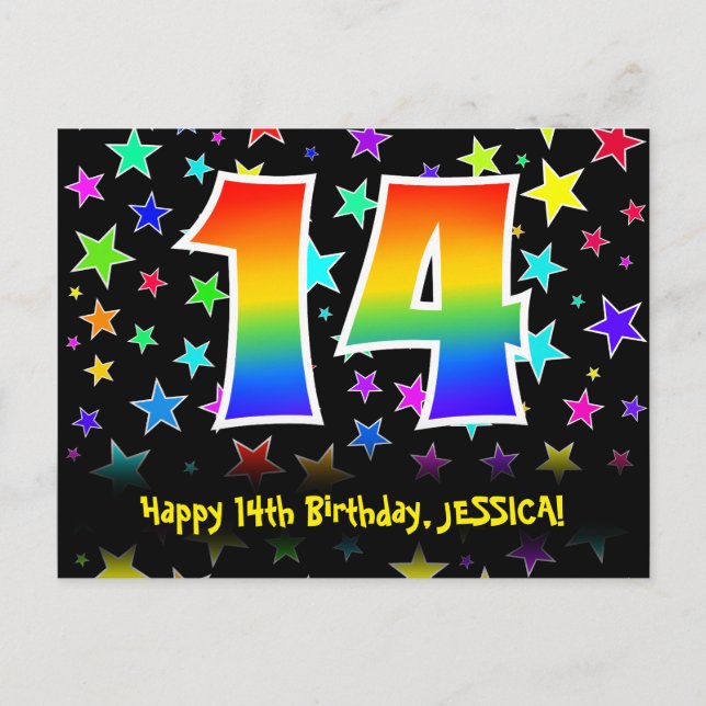 Carte Postale 14e anniversaire : motif d'étoiles amusantes, arc- (Devant)