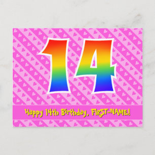 Carte Postale 14e anniversaire : Pink Stripes & Hearts, Rainbow 