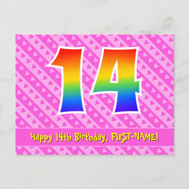 Carte Postale 14e anniversaire : Pink Stripes & Hearts, Rainbow  (Devant)