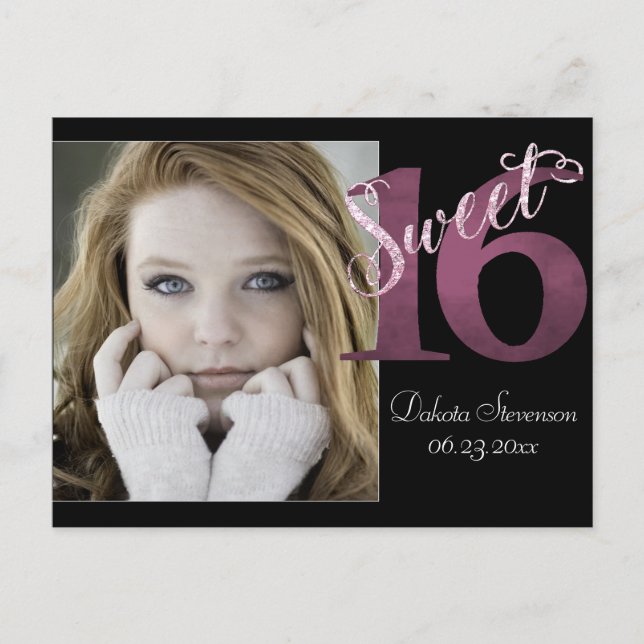 Carte Postale 16 ans | Aquarelle rose et Faux Parties scintillan (Devant)