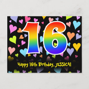 Carte Postale 16e anniversaire : Amusants Coeurs Motif, Arc-en-c