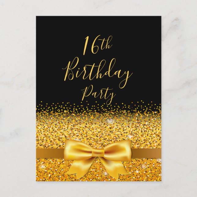 Carte Postale 16e anniversaire fête noir girlygold bow invitatio (Devant)