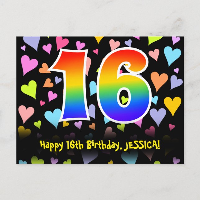 Carte Postale 16e anniversaire : motif de cœurs amusants, arc-en (Devant)
