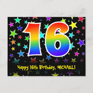 Carte Postale 16e Anniversaire : Motif Étoiles Amusantes, Arc-en