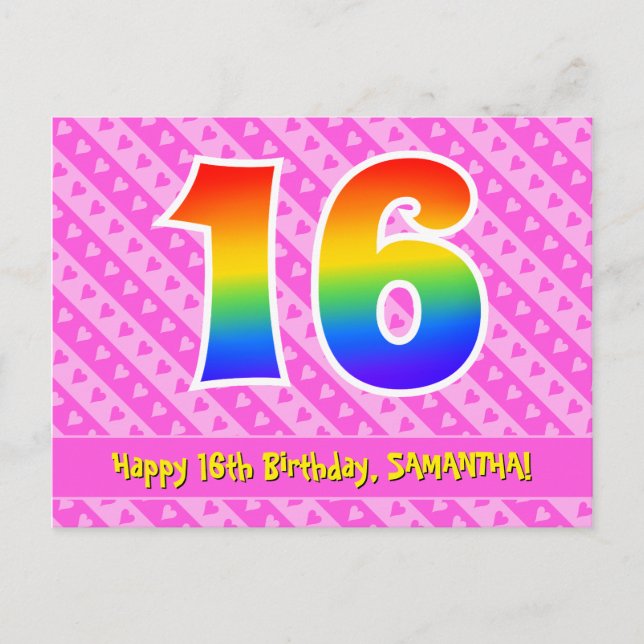 Carte Postale 16e anniversaire : Rayures roses et cœurs, Arc-en- (Devant)