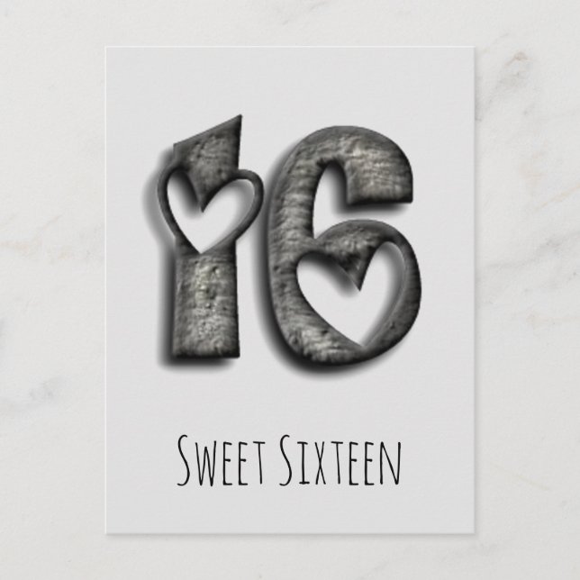 Carte Postale 16e anniversaire Sweet 16 Coeurs rustiques Typogra (Devant)