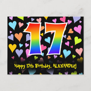 Carte Postale 17e anniversaire : motif de cœurs amusants, arc-en