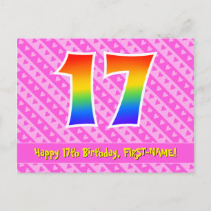 Carte Postale 17e anniversaire : Rayures roses et cœurs, Arc-en-