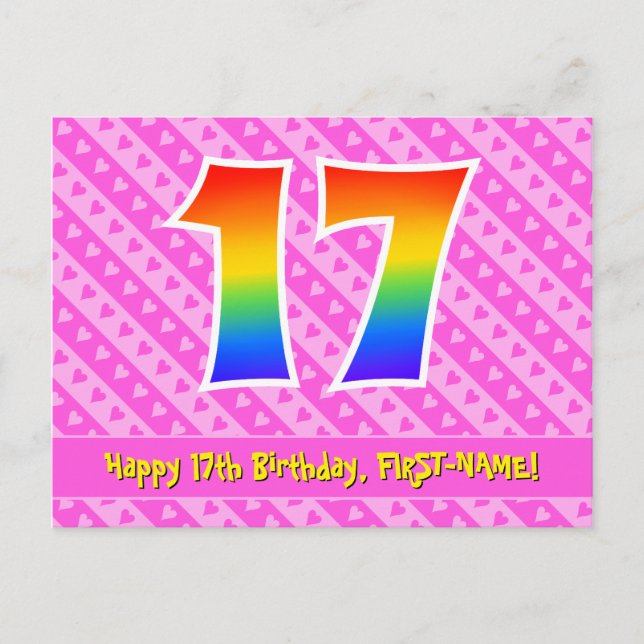 Carte Postale 17e anniversaire : Rayures roses et cœurs, Arc-en- (Devant)