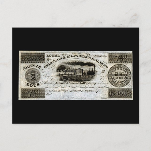 Carte Postale 1837 Monnaie ferroviaire canadienne (Devant)