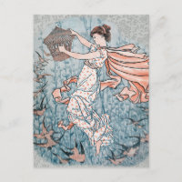 1896 Illustration Art nouveau avec femme et oiseau