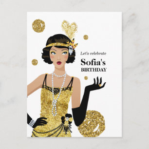 Carte Postale 1920 invitation flapper girl, fête d'anniversaire
