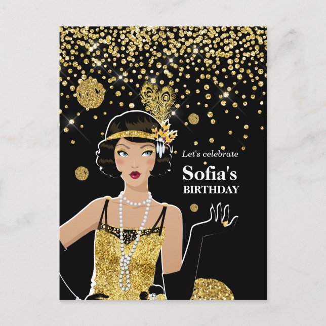 Carte Postale 1920 invitation flapper girl, fête d'anniversaire (Devant)