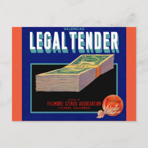 Carte Postale 1930s Juridique Tender orange crate étiquette