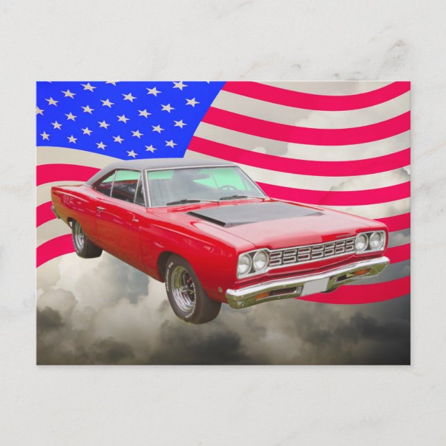 Carte Postale 1968 Plymouth Roadrunner et drapeau américain (Devant)