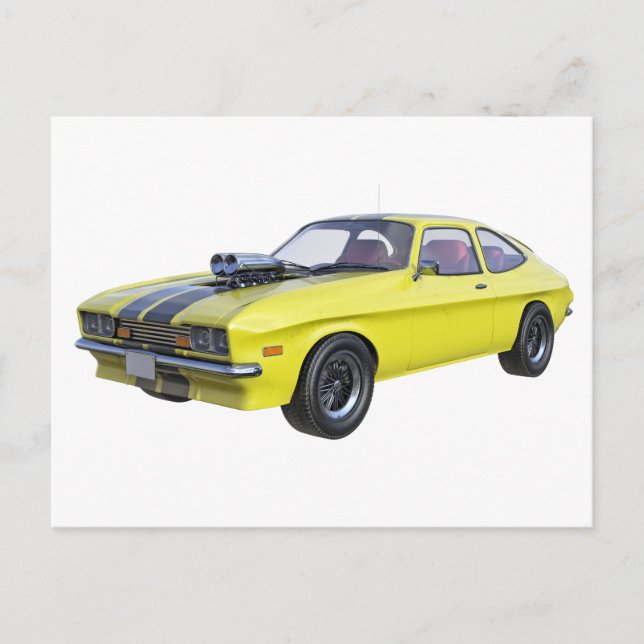 Carte Postale 1970 Muscle Car Jaune avec bande noire (Devant)