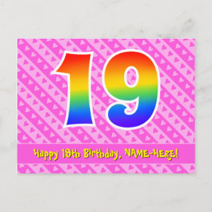 Carte Postale 19e anniversaire : Rayures roses et cœurs, Arc-en-