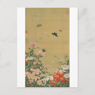 Carte Postale 1. 芍薬群蝶図, fleur de 若冲 et papillon, Jakuchu