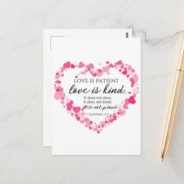 Carte Postale 1 Corinthiens 13:4 L'amour est patient Coeurs rose (Devant/Arrière en situation)