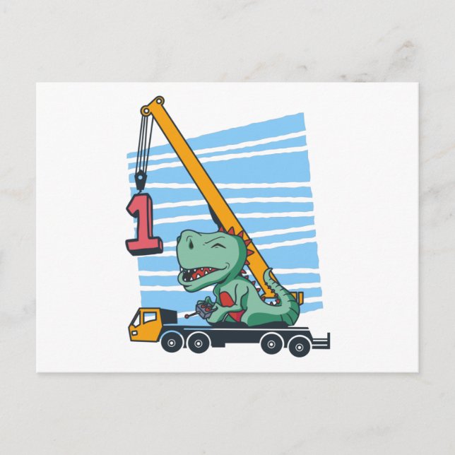 Carte Postale 1er anniversaire 1 an grue mobile dinosaure (Devant)