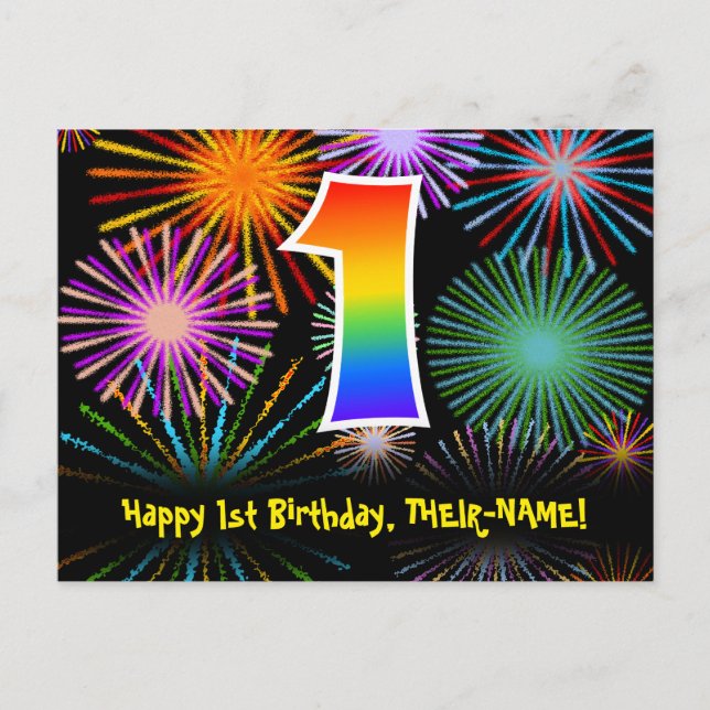 Carte Postale 1er anniversaire - Fun Motif Fireworks + Rainbow 1 (Devant)