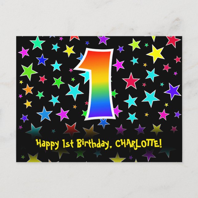 Carte Postale 1er anniversaire : Fun Stars Motif, Rainbow 1, Nom (Devant)