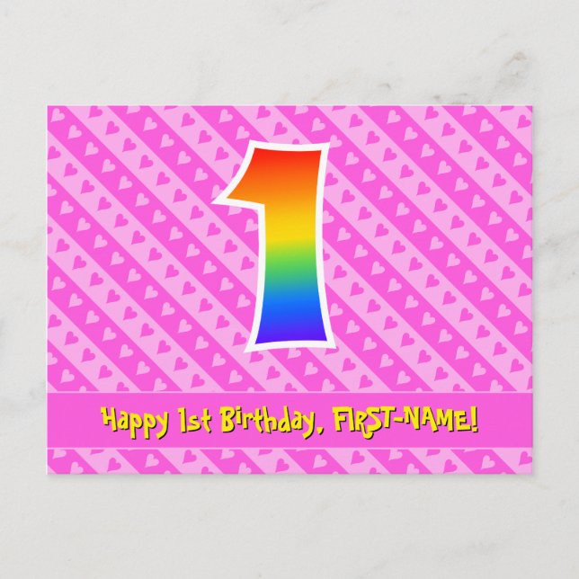 Carte Postale 1er Anniversaire : Rayures roses et cœurs, arc-en- (Devant)