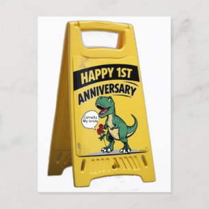 Carte Postale 1er anniversaire trex rouge roses panneau en plast