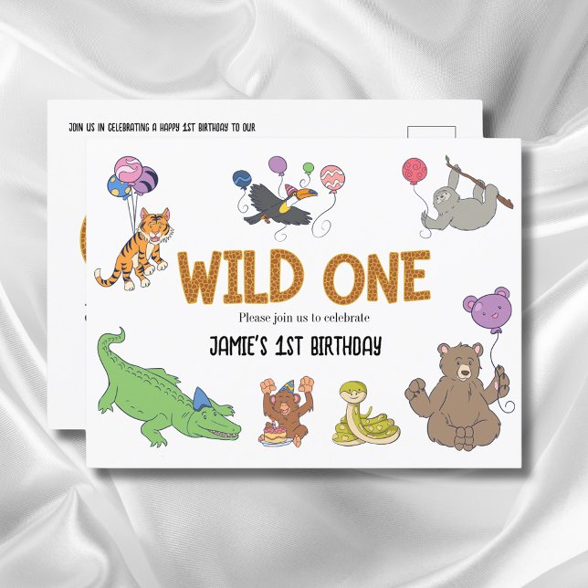 Carte Postale 1er anniversaire Wild One Jungle Safari Animaux (Wild one 1st birthday invitation postcard.)