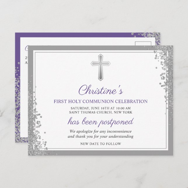 Carte Postale 1ère communion d'argent pourpre en Faire-part repo (Devant / Derrière)