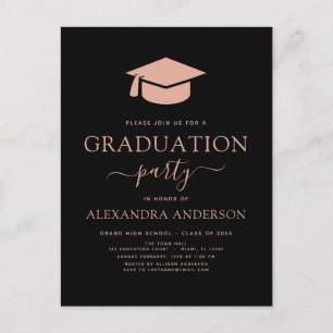 Carte Postale 2022 Graduation Party Blush rose noir élégant Inv