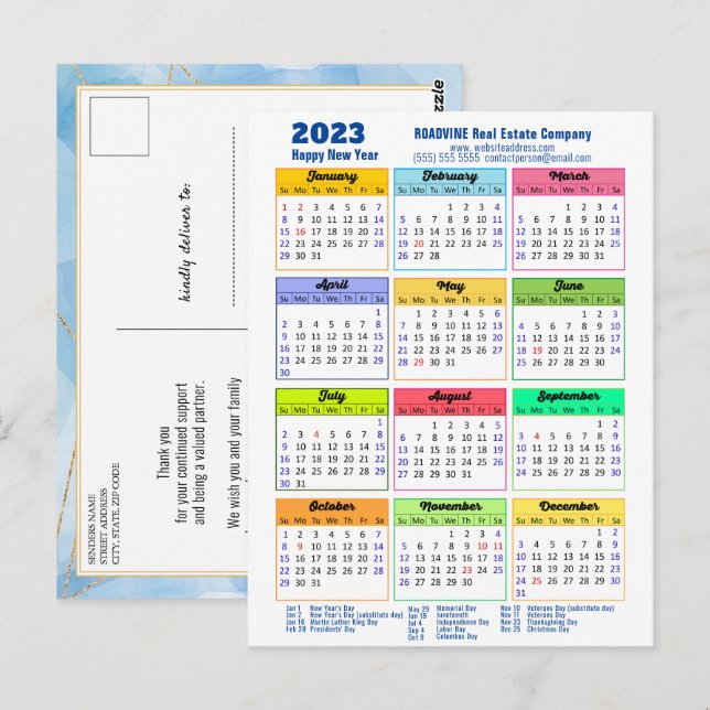Carte Postale 2023 Calendrier annuel moderne Entreprise Blue Gol (Devant / Derrière)