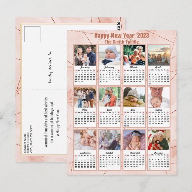 Carte Postale 2023 Rose Gold Modern Family 12 Calendrier photo (Devant / Derrière)