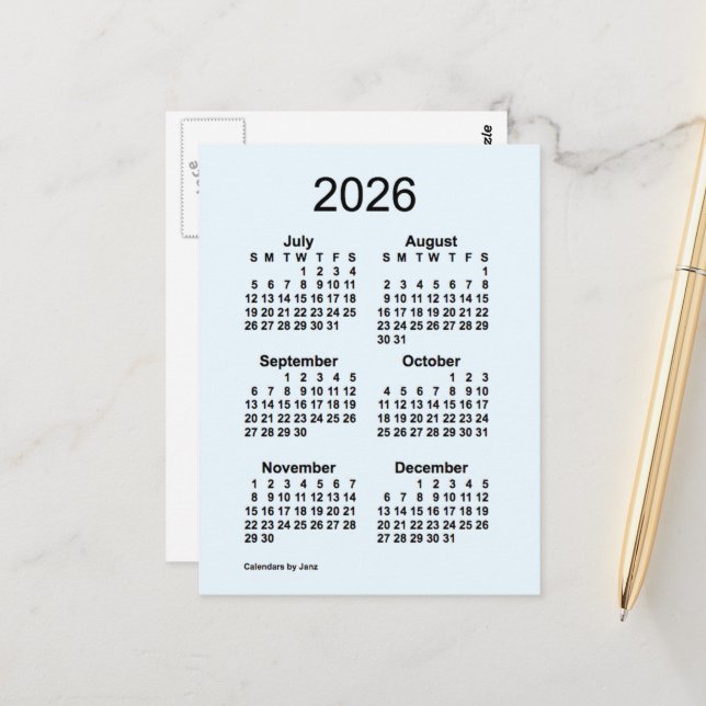 Carte Postale 2026 Alice Blue 6 Mois Mini Calendrier par Janz (Devant/Arrière en situation)