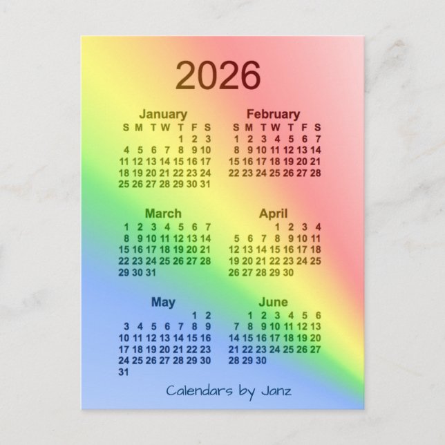 Carte Postale 2026 Arc en ciel 6 mois Mini calendrier par Janz (Devant)