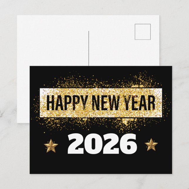 Carte Postale 2026, Bonne année ! Étoiles brillantes Or & Noir (Devant / Derrière)