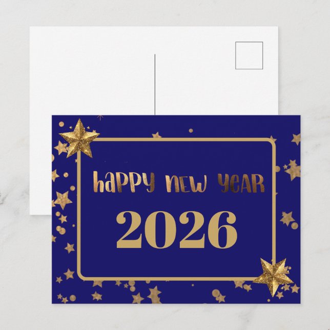 Carte Postale 2026, Bonne année! étoiles d'or et arrière - plan  (Devant / Derrière)