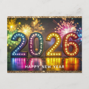 Carte Postale 2026 Bonne Année Feux d'Artifice Modernes Paillett