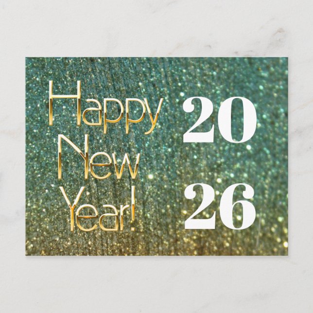 Carte Postale 2026, Parties scintillant Gold Green Bonne Année (Devant)